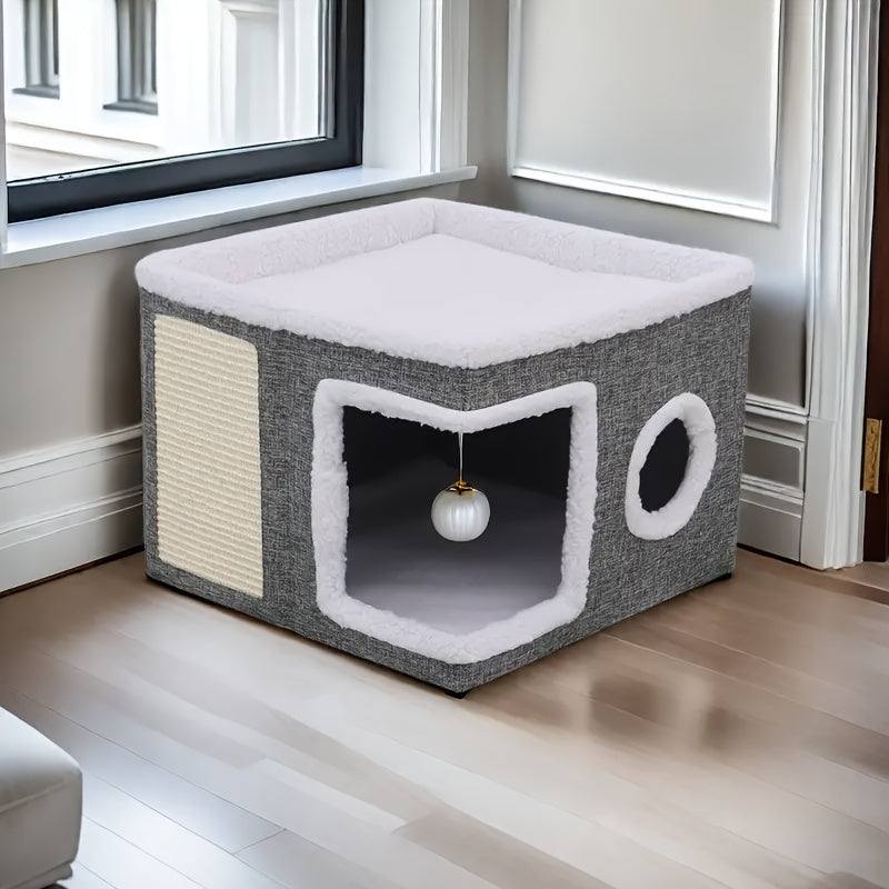 Multi-Layer Foldable Cat House with 2-Tier Bed Tunnel & Scratching Post - Cozy Indoor Cat Cube Enclosure with Plush Mat Hanging Ball Nylon Frame, All-Season Cat Hideaway