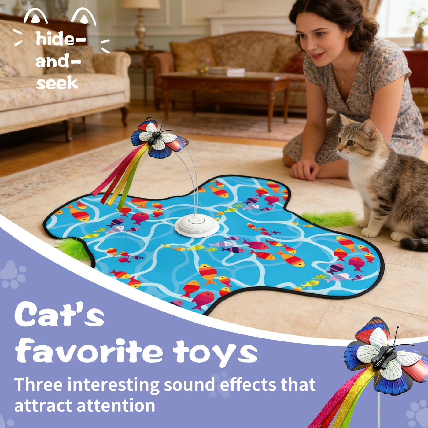Motion-Activated Interactive Cat Toy 2-in-1 Rechargeable with Flying Butterfly Hidden Feathers & Animal Sounds - 360° Self-Play for Kittens & Cats