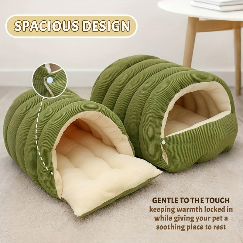 Cat Cave Bed for Indoor Cats – Cozy Cave-Style Tent with Removable Cushion, Warm Sleeping Bag Nest for Cats & Small Dogs, Autumn & Winter Pet Bed in Beige, Green & Purple
