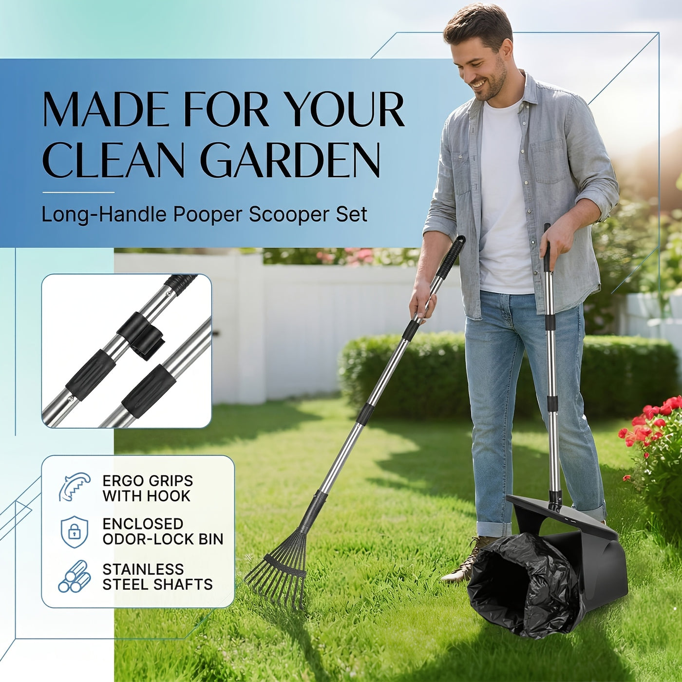Dog Pooper Scooper Set Heavy Duty – Long Handle with Swivel Bin, Rake & Spade for Grass, Dirt & Gravel, Includes 40 Waste Bags, 2 or 3 Piece Set for Large Dogs