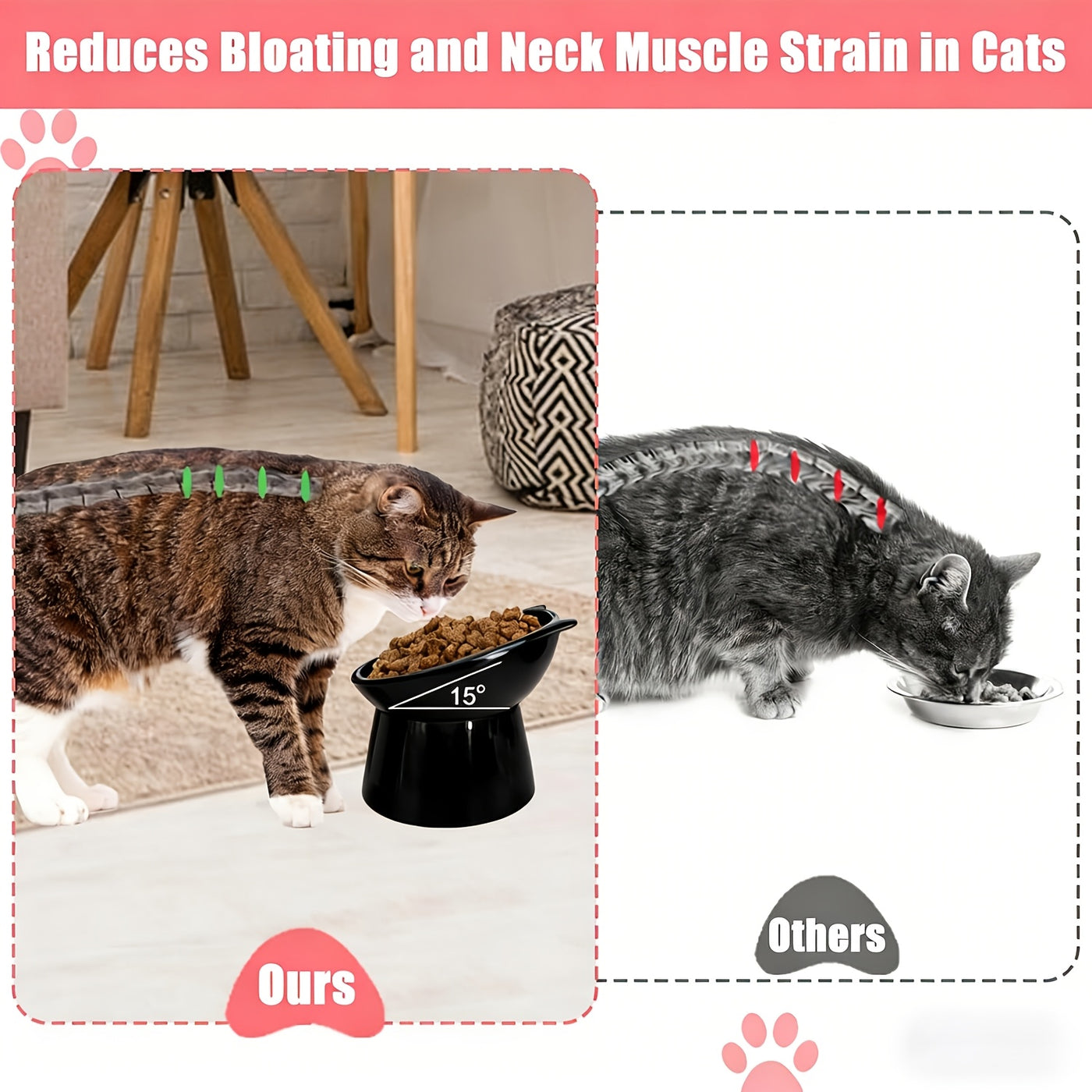 Cat Ear Shaped Raised Cat Bowls Set of 2 – Elevated Anti-Slip Anti-Vomiting Feeding Dish for Cats & Small Dogs, Neck Comfort Design