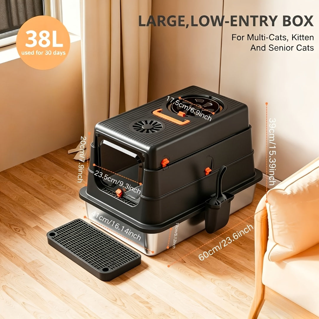 Stainless Steel Cat Litter Box XL Enclosed Odor-Proof with Scoop Step Pedal & Carbon Deodorizer for Large Cats