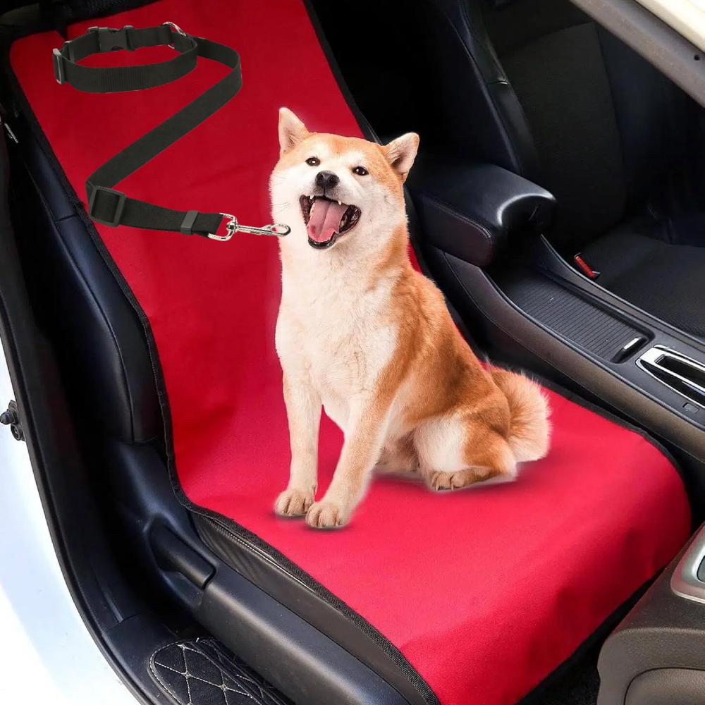 Dog Car Seatbelt Tether & Anti-Scratch Mat Set 2PCS – Adjustable Pet Travel Restraint with Seat Cover for SUVs & Sedans, All Vehicle Models
