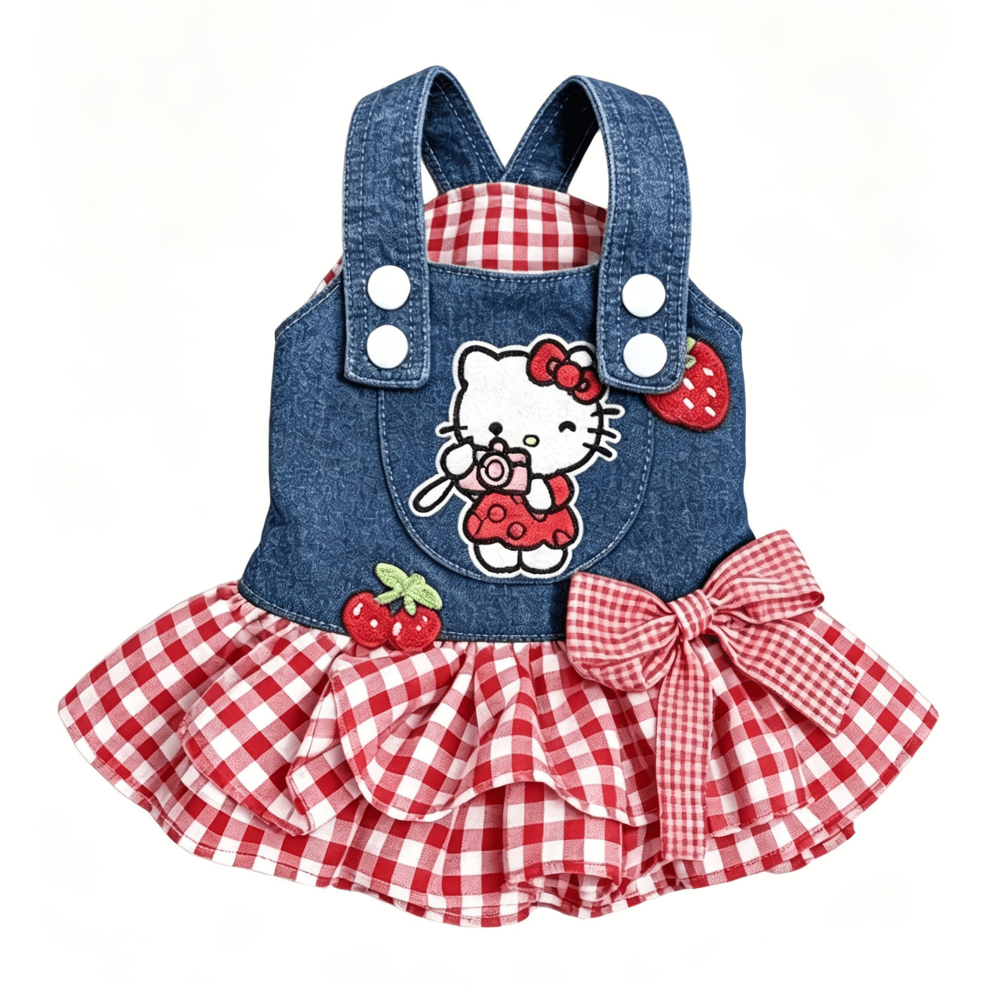 Hello Kitty Pet Dress Red White Plaid Pleated Skirt with 3D Bow & Strawberry – Sanrio Licensed Holiday Party Dress for Small Dogs Cats, XS-XL, Christmas Gift