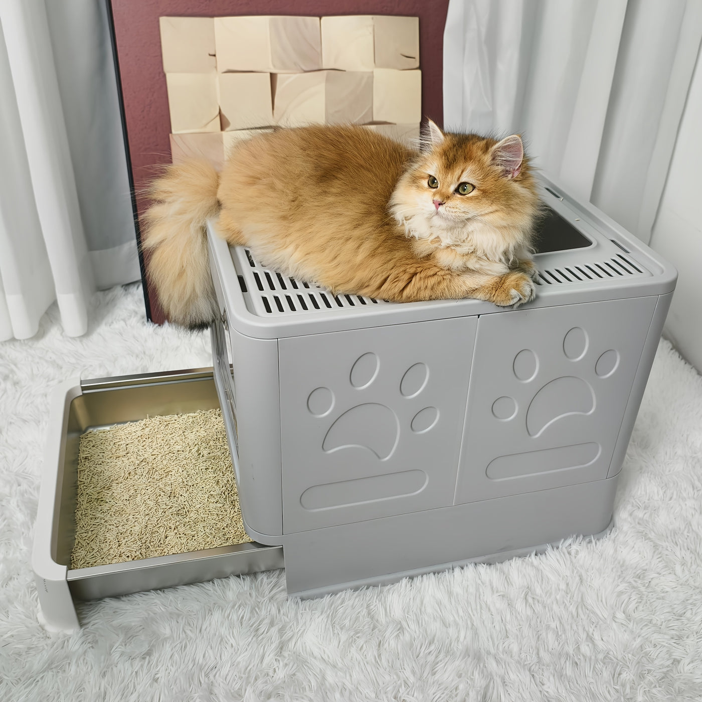 Large Top-Entry Cat Litter Box with Drawer Tray & Scoop - Odor Control Self-Cleaning Cat Toilet for Cats Up to 10kg, Modern Design Foldable Litter Box, Gray/Pink