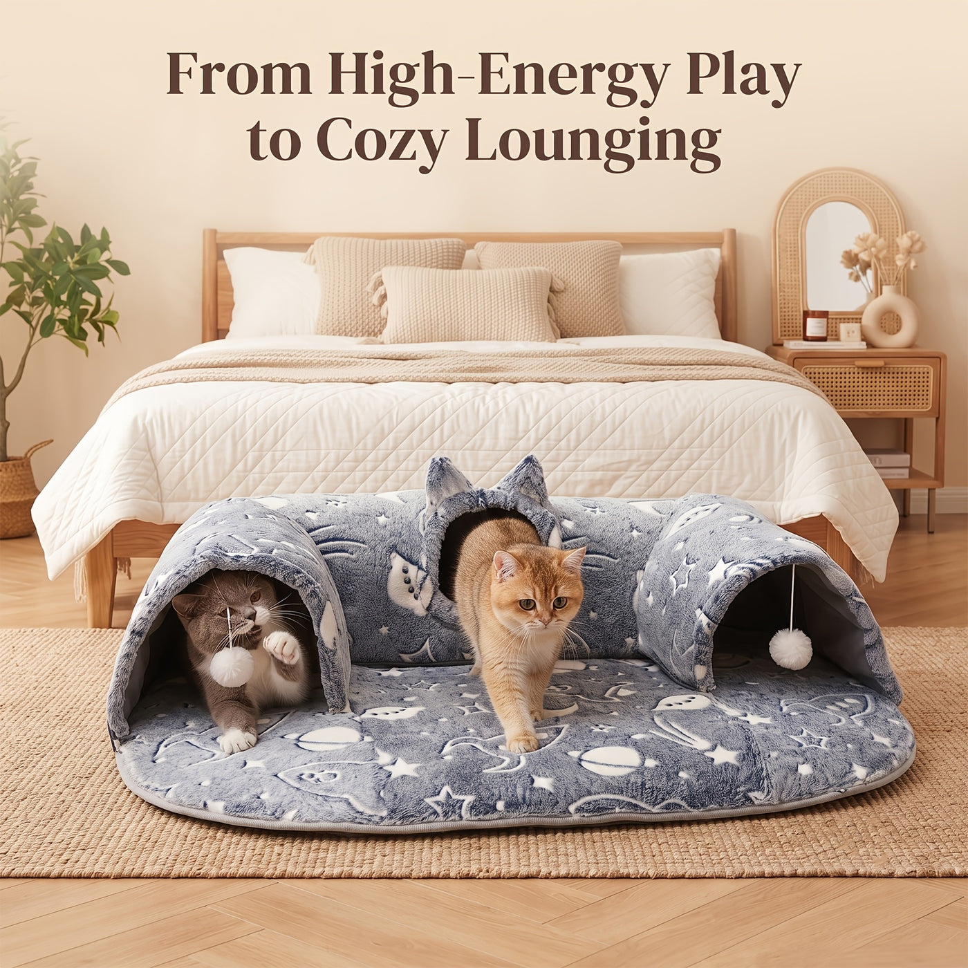 Cat Tunnel Bed with Memory Foam & Glow-in-the-Dark Stars - Detachable Plush Cat Condo, 3D Support, Hanging Ball, Machine Washable Pet Nest for Indoor Cats, 29.5x21.6in