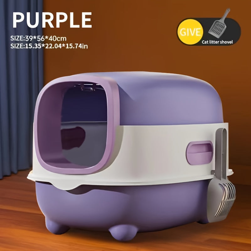Extra Large Enclosed Cat Litter Box with Drawer & Scoop - Anti-Odor Anti-Splash Easy Clean Indoor Outdoor Cat Toilet, Blue/Gray/Purple, Safe Comfortable for Cats