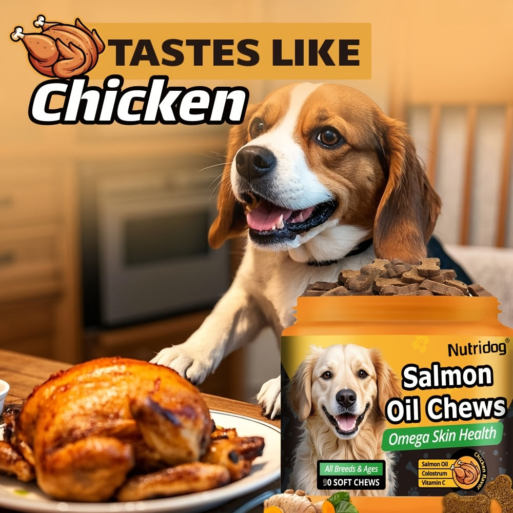 Dog Supplement Chews 90ct with Probiotics and Salmon Oil – Coat and Gut Health Chicken Flavor Soft Chews for All Ages