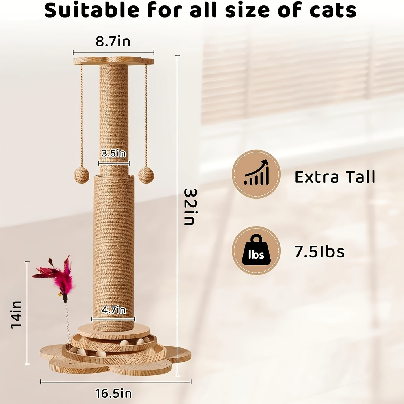 Solid Wood Cat Scratching Post – Multiple Styles & Sizes | Sisal, Mushroom, Dolphin, Fur & Hammock Scratcher for Indoor Cats