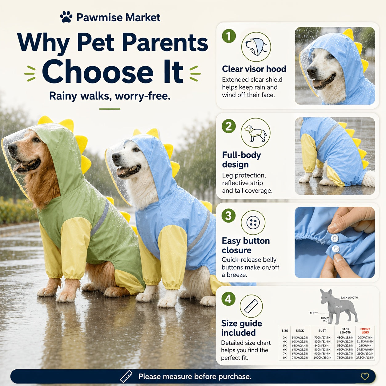 Large Dog Raincoat Dinosaur Costume Full Body – Waterproof Rain Jacket with Hood & Tail for Golden Retriever Labrador, Funny Outdoor Pet Outfit 3XL-8XL