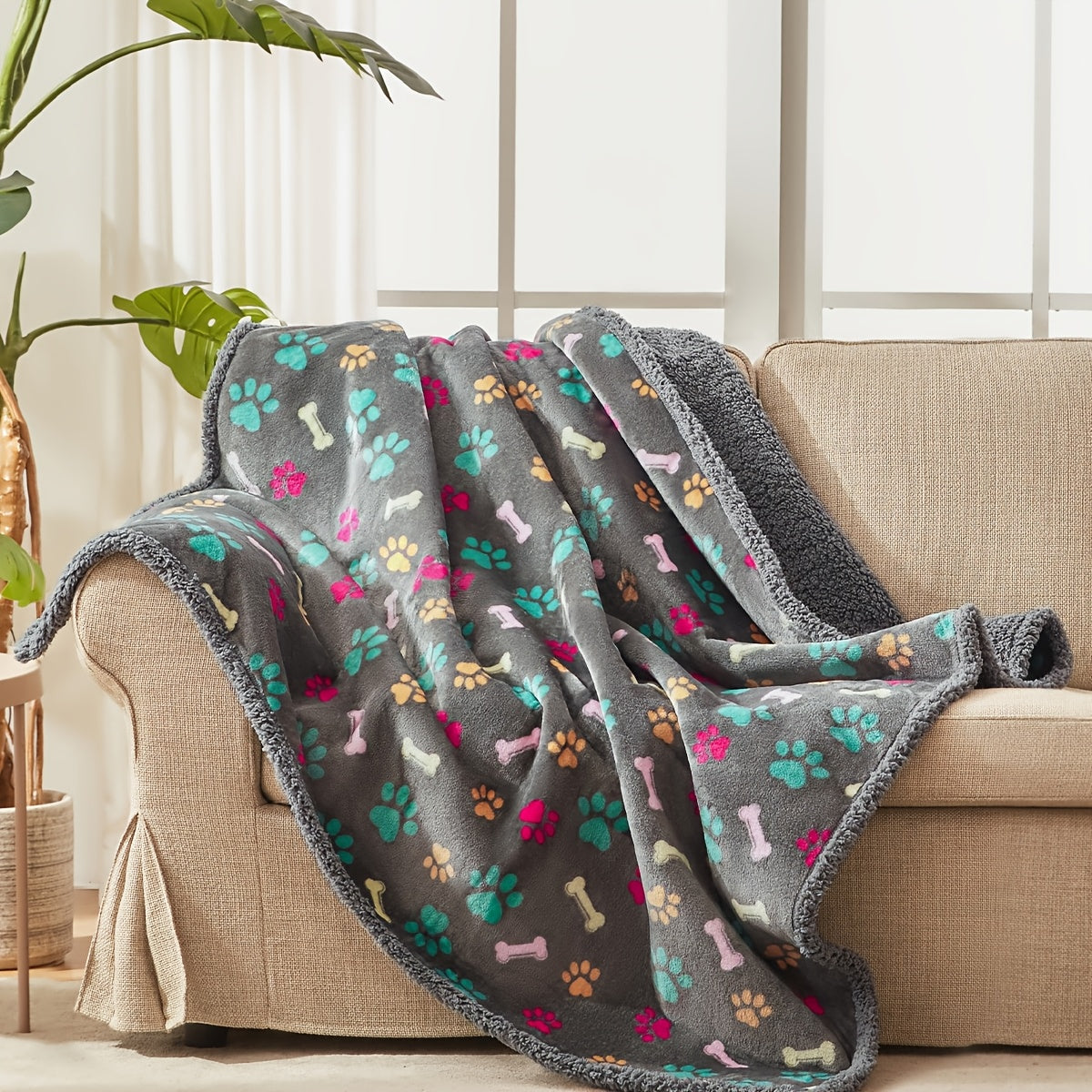 Waterproof Dog Blanket for Couch Sofa Bed - Pee Proof Washable Soft Fluffy Pet Blanket Reversible Furniture Protector, Gray Bone & Paw Print Design for Dogs Cats Small Medium Large