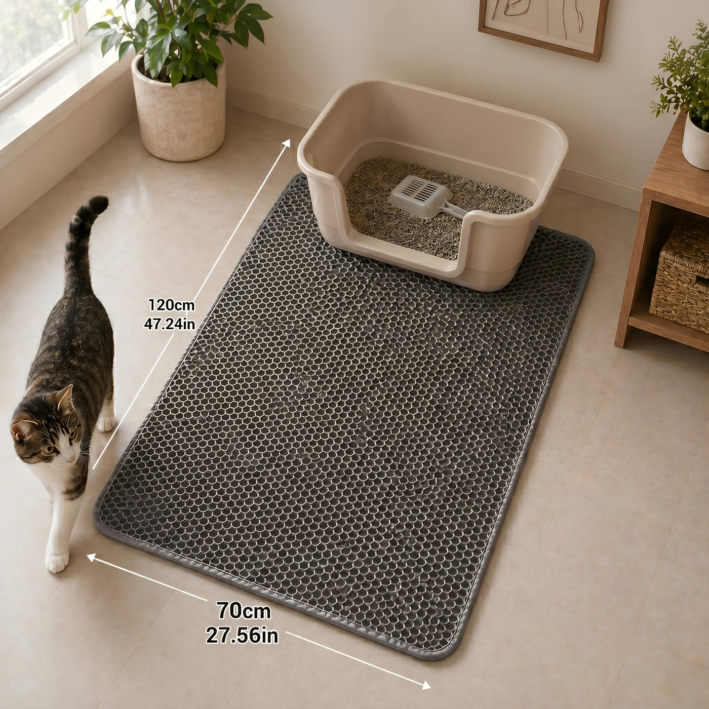 Extra Large Cat Litter Mat 27.6x47.2 Inch Honeycomb Double Layer Anti-Tracking EVA Non-Slip Easy Clean for Multi-Cat Households Large Litter Boxes