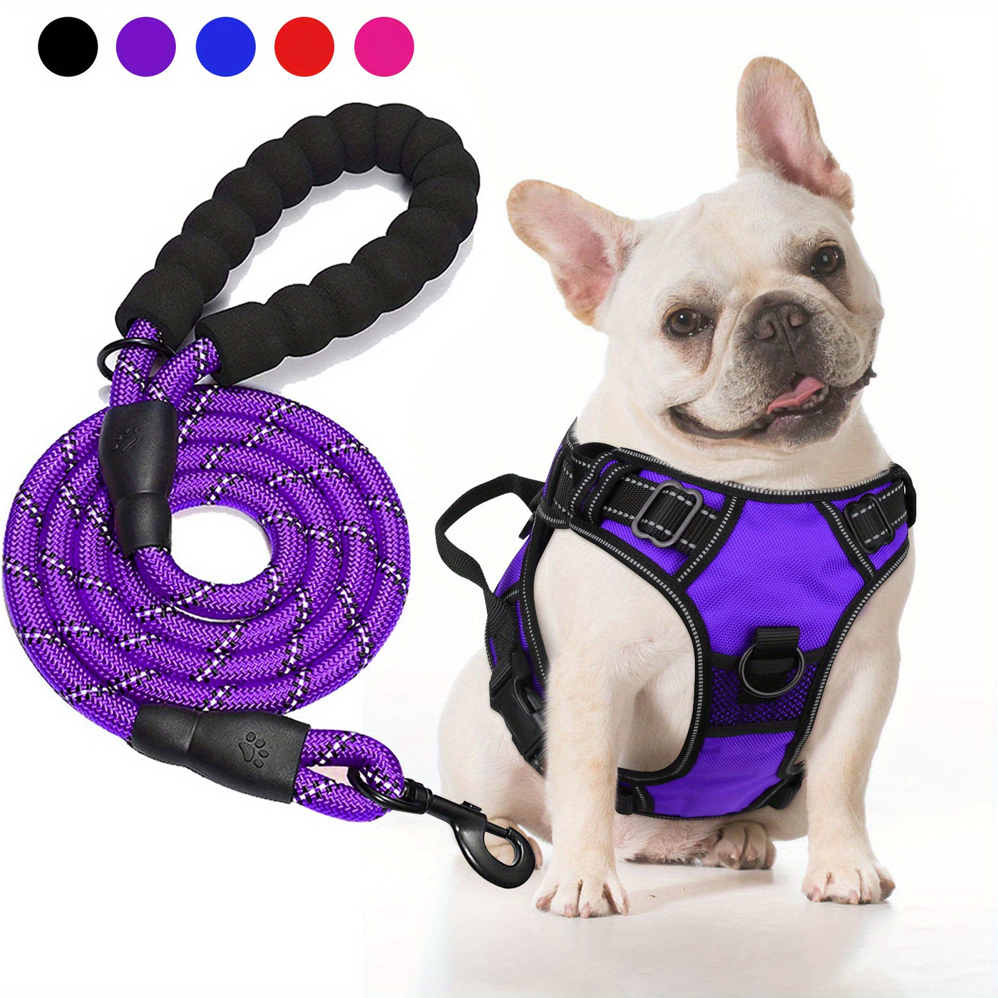 No-Pull Dog Harness & Free 5-Foot Leash Set - Adjustable Reflective Oxford Vest with Foam Handle, Easy Control for Medium Large Dogs S-XL, Black Purple Blue Red Rose Red