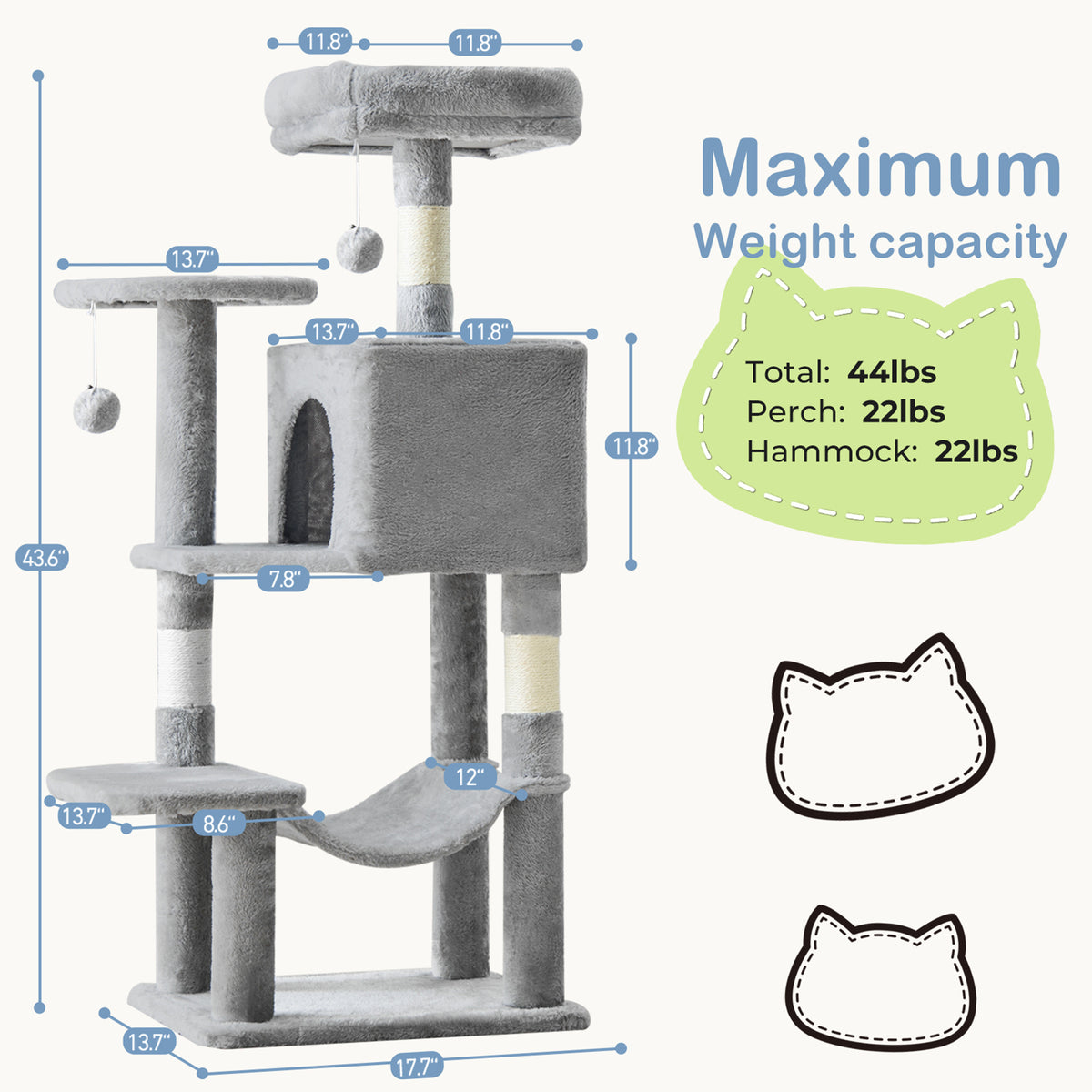 44-Inch Large Cat Tree Tower with Condo, Hammock & Sisal Scratching Posts – Multi-Level Indoor Cat House for Multiple Cats