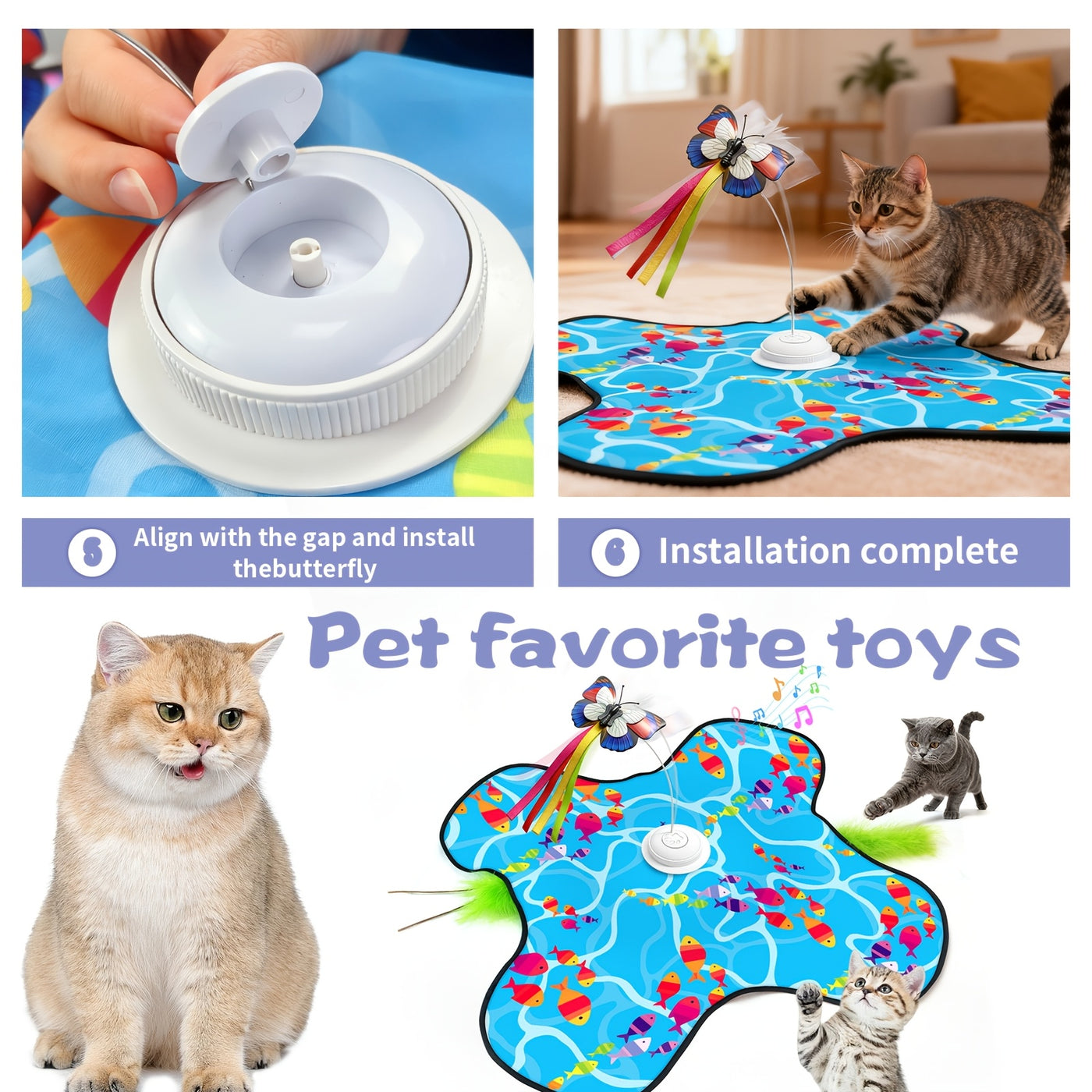 Motion-Activated Interactive Cat Toy 2-in-1 Rechargeable with Flying Butterfly Hidden Feathers & Animal Sounds - 360° Self-Play for Kittens & Cats