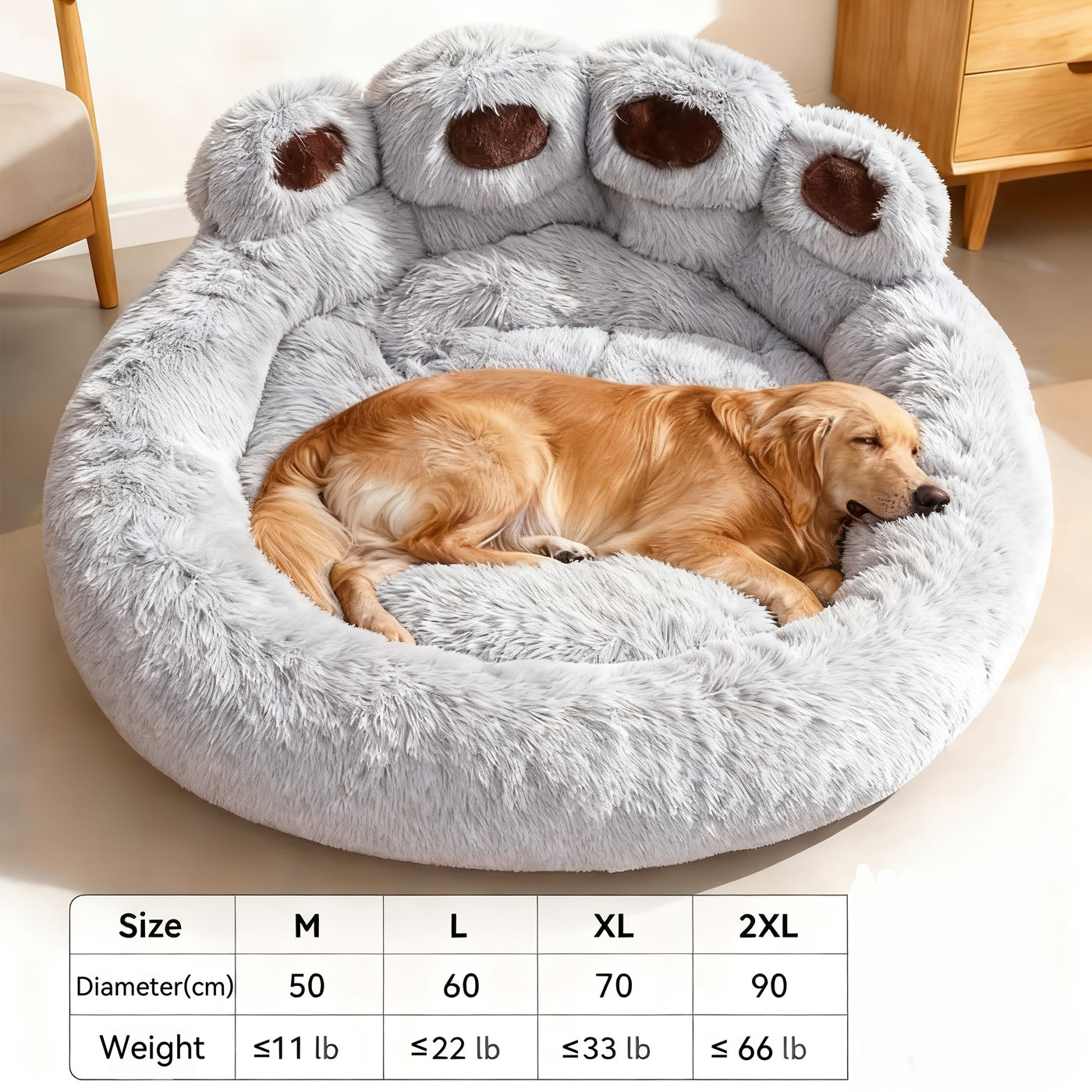 Bear Paw Round Plush Pet Bed for Dogs & Cats – Cute Warm Non-Slip Soft Bed for Small, Medium & Large Pets, 20/24/28/36 Inch