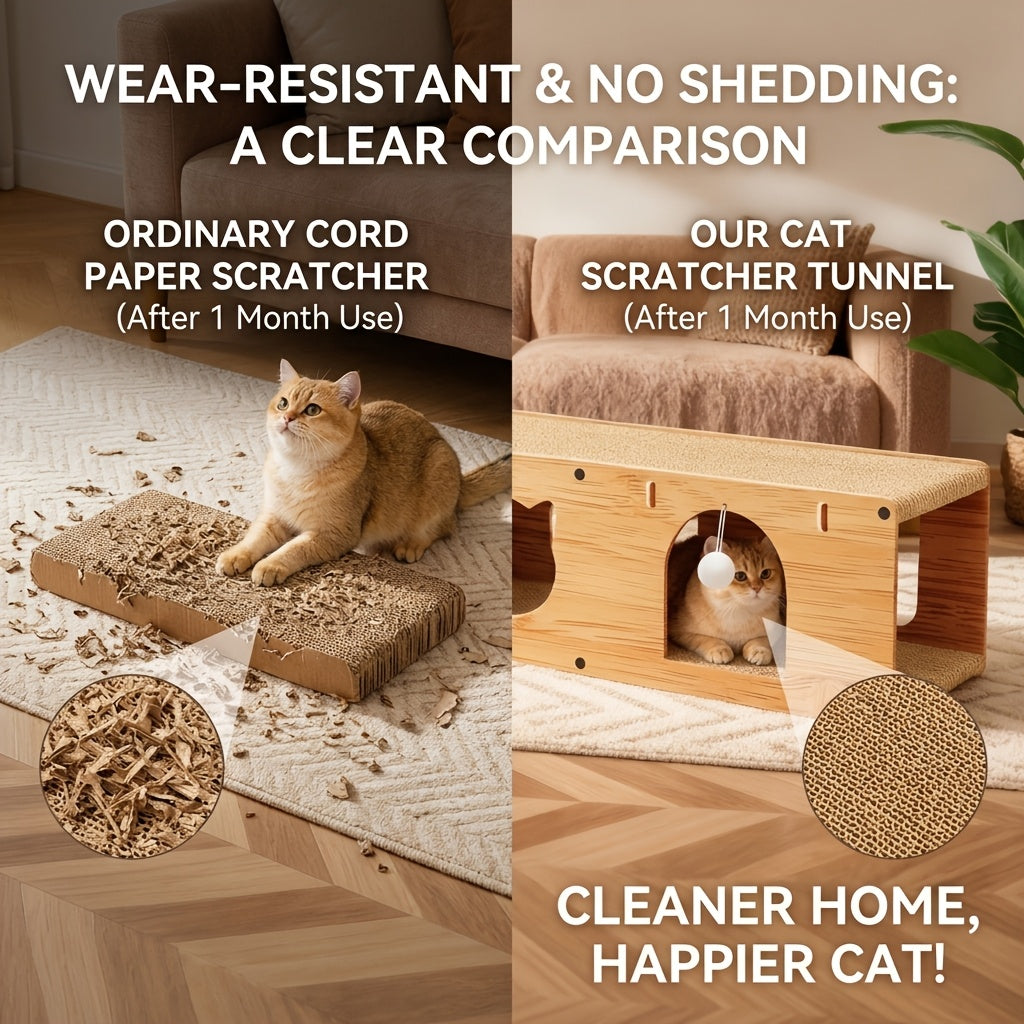 Cat Scratcher Tunnel Bed with Wood Frame Extra Large Donut Cat Tunnel with Scratching Board & Plush Balls - Anti-Scratch Toy for Medium & Large Cats, Cardboard Cat House