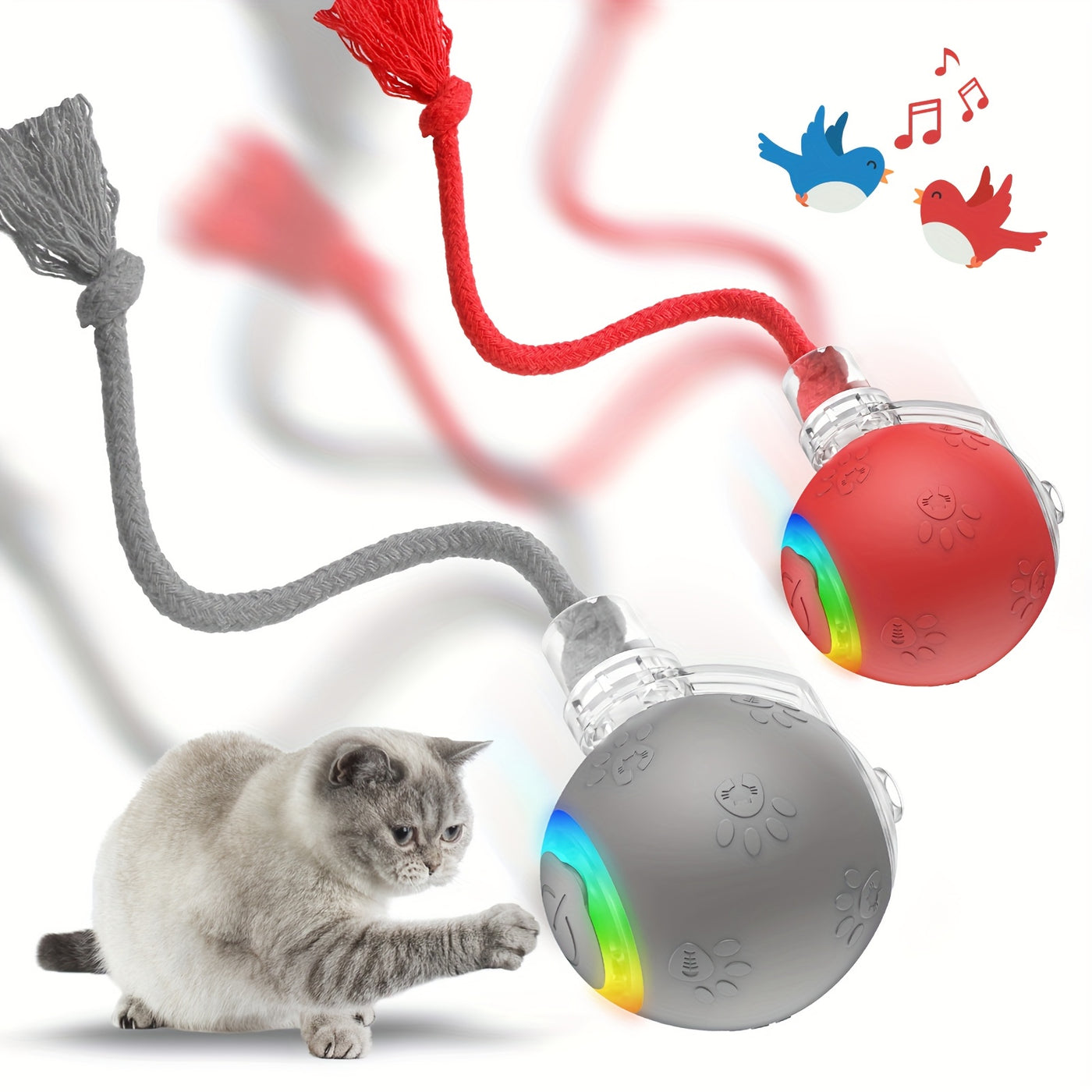 Motion-Activated Smart Cat Toy 2-Pack USB Rechargeable with Bird Sounds Colorful Lights - Interactive Self-Play for Indoor Cats & Kittens