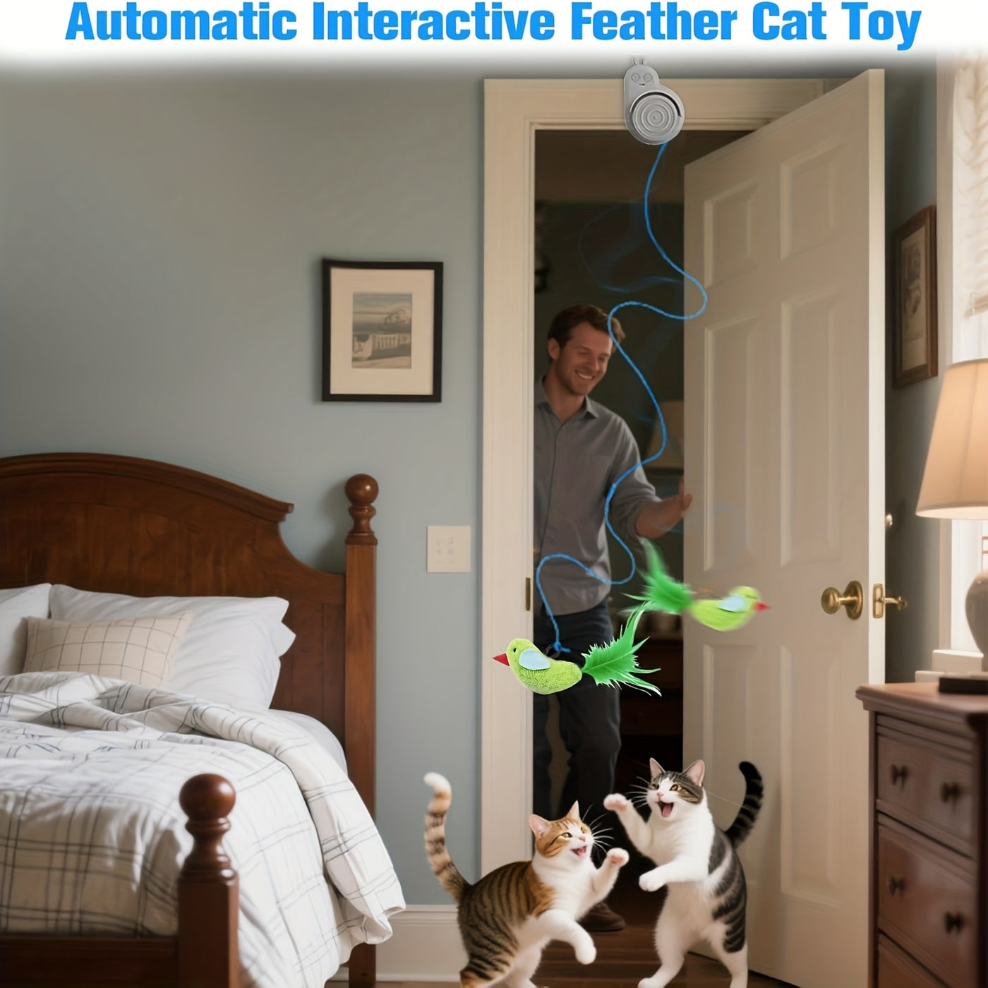 Automatic Electric Flying Bird Feather Cat Toy – Stick-On Hanging Interactive Toy for Indoor Cats & Kittens, Electric Kitty Enrichment Toy for Bored Cats, Grey Blue White