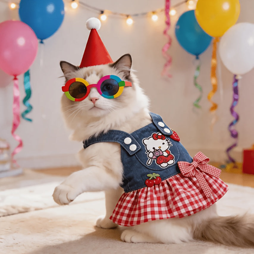 Hello Kitty Pet Dress Red White Plaid Pleated Skirt with 3D Bow & Strawberry – Sanrio Licensed Holiday Party Dress for Small Dogs Cats, XS-XL, Christmas Gift