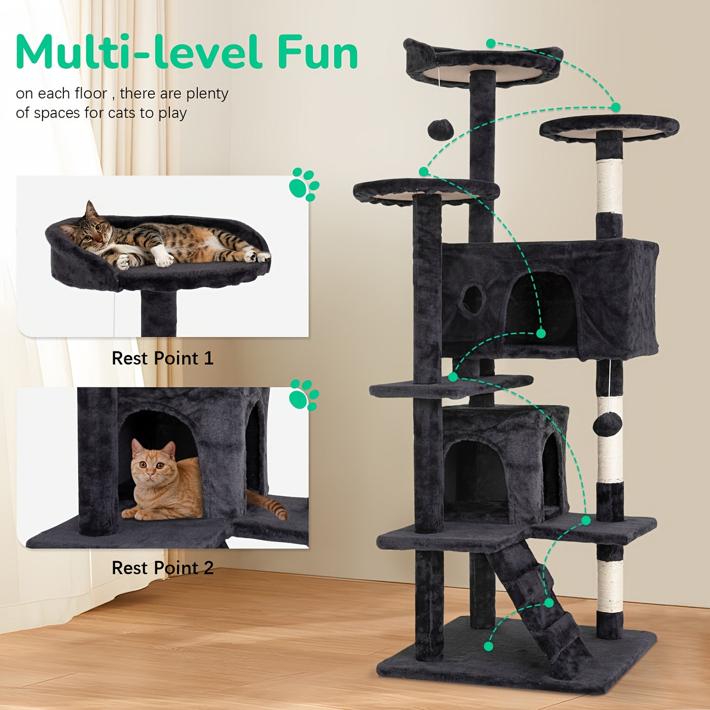 Multi-Level Cat Tree Tower with Scratching Post & Cat House - Indoor Cat Activity Center 22/54/60/70 Inch, Cat Climbing Tower for Kittens & Adult Cats, Easy Assembly