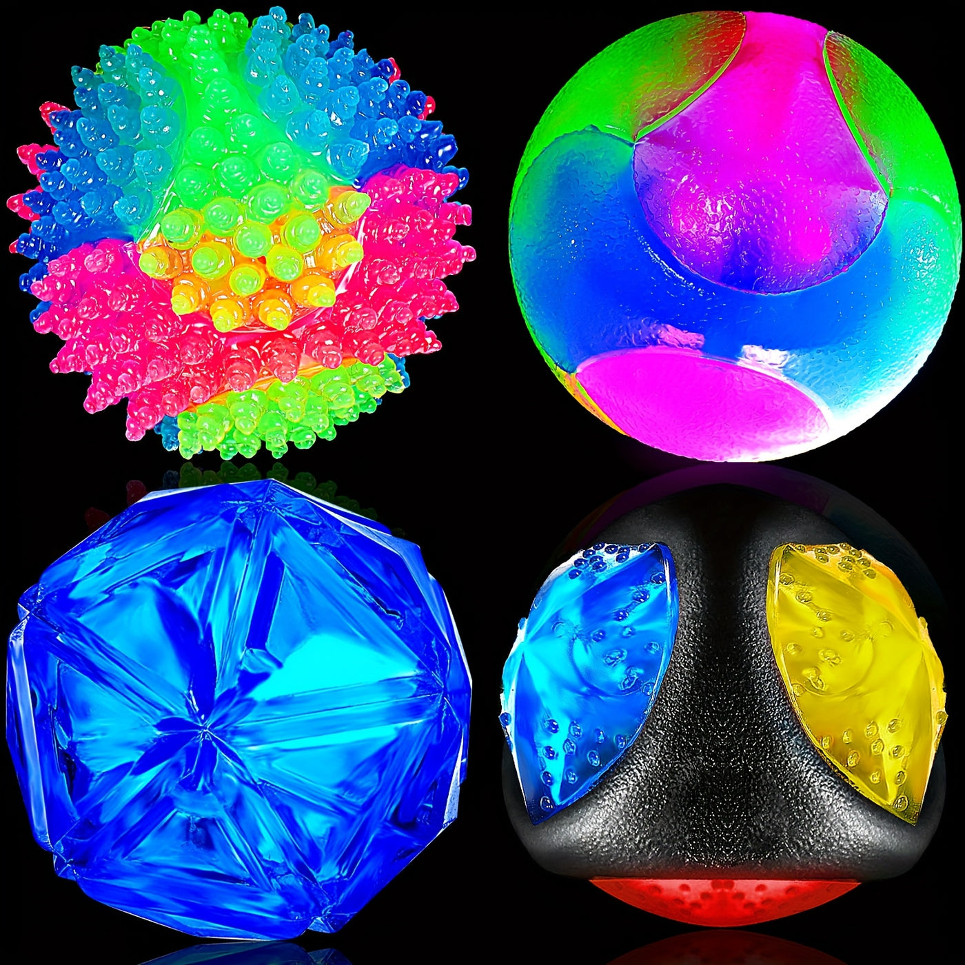 LED Light Up Dog Ball 4-Pack – Spiny Flashing Glow in the Dark Bounce-Activated Squeaky Toy Ball for Dogs and Puppies