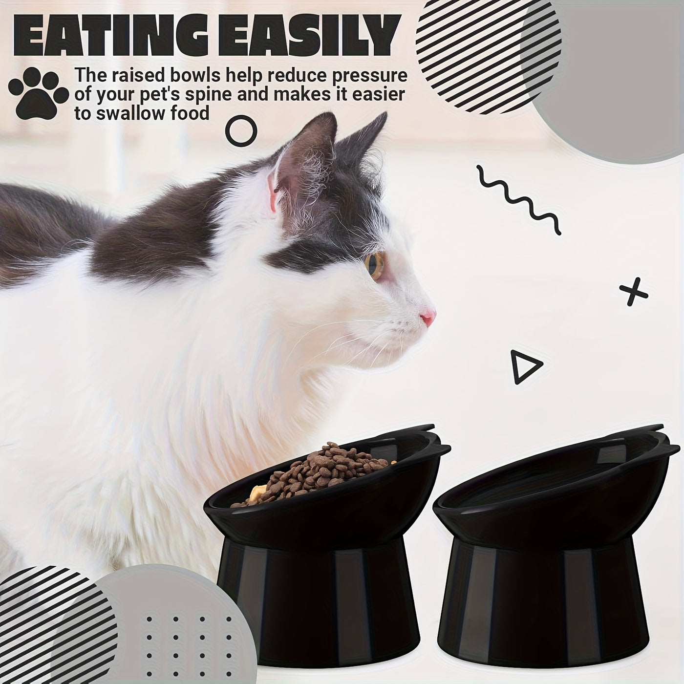 Cat Ear Shaped Raised Cat Bowls Set of 2 – Elevated Anti-Slip Anti-Vomiting Feeding Dish for Cats & Small Dogs, Neck Comfort Design