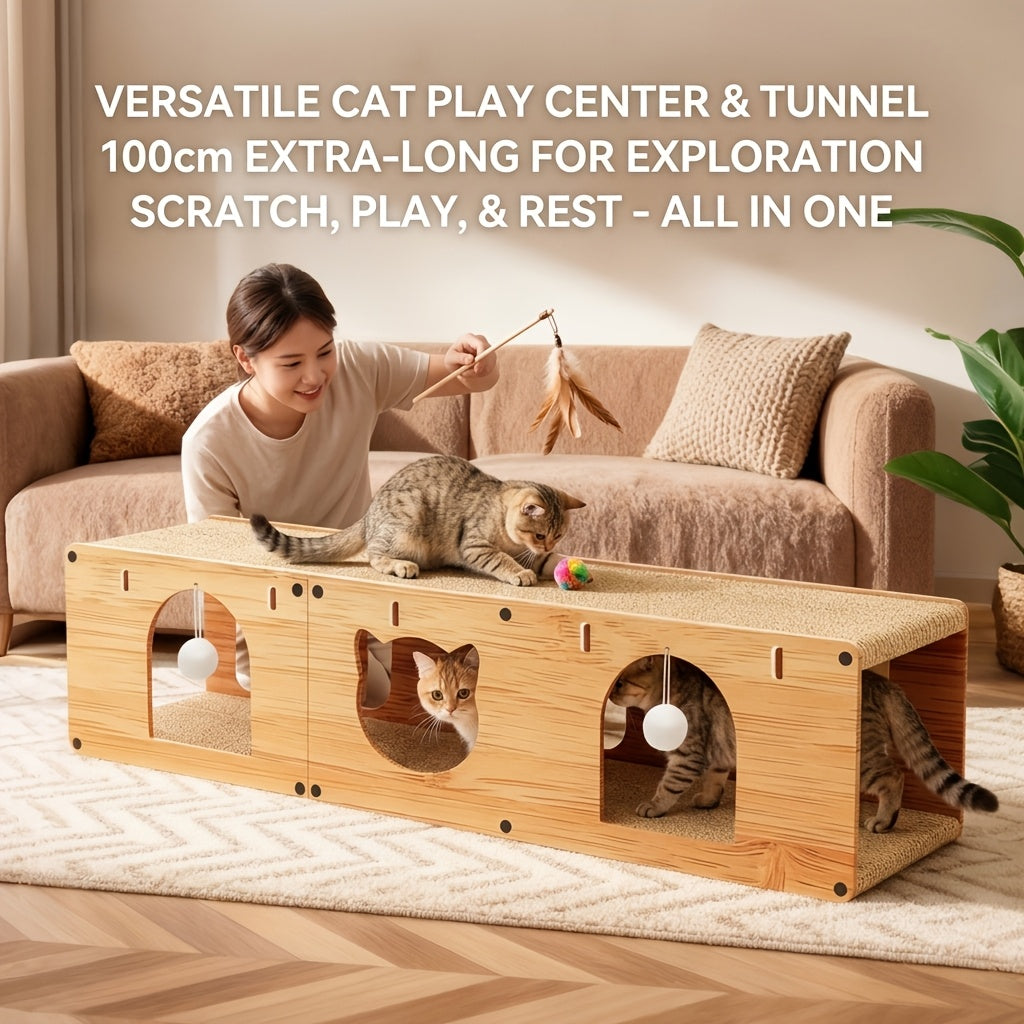 Cat Scratcher Tunnel Bed with Wood Frame Extra Large Donut Cat Tunnel with Scratching Board & Plush Balls - Anti-Scratch Toy for Medium & Large Cats, Cardboard Cat House