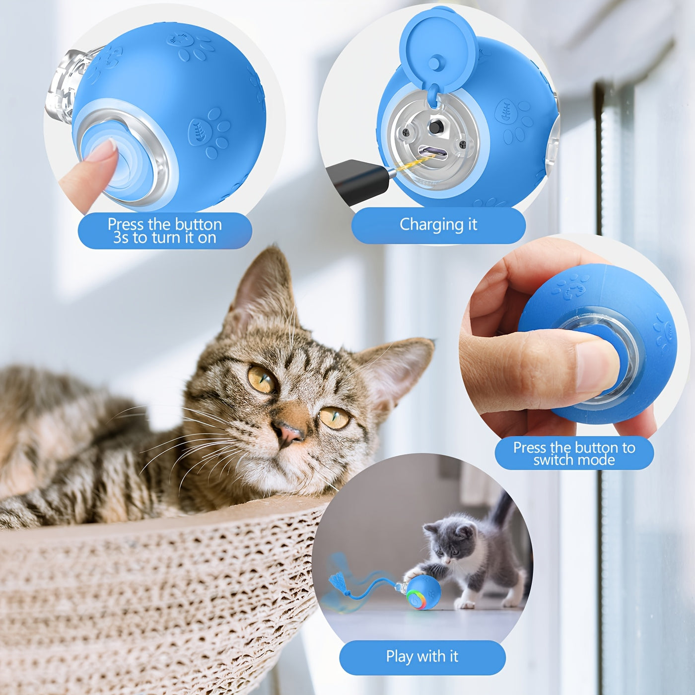 Motion-Activated Smart Cat Toy 2-Pack USB Rechargeable with Bird Sounds Colorful Lights - Interactive Self-Play for Indoor Cats & Kittens