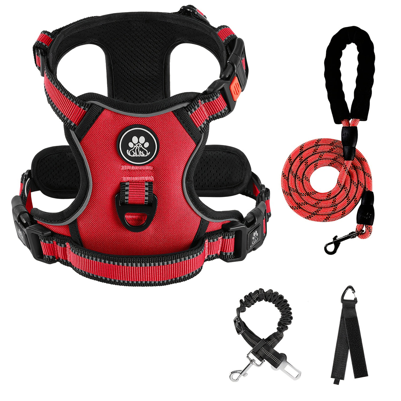 Complete Dog Walking Set – No-Pull Harness + Collar + Leash + Retractable Seatbelt + Storage Strap, Fully Reflective Breathable Vest with Handle for Small & Large Dogs, Sizes XS-XL