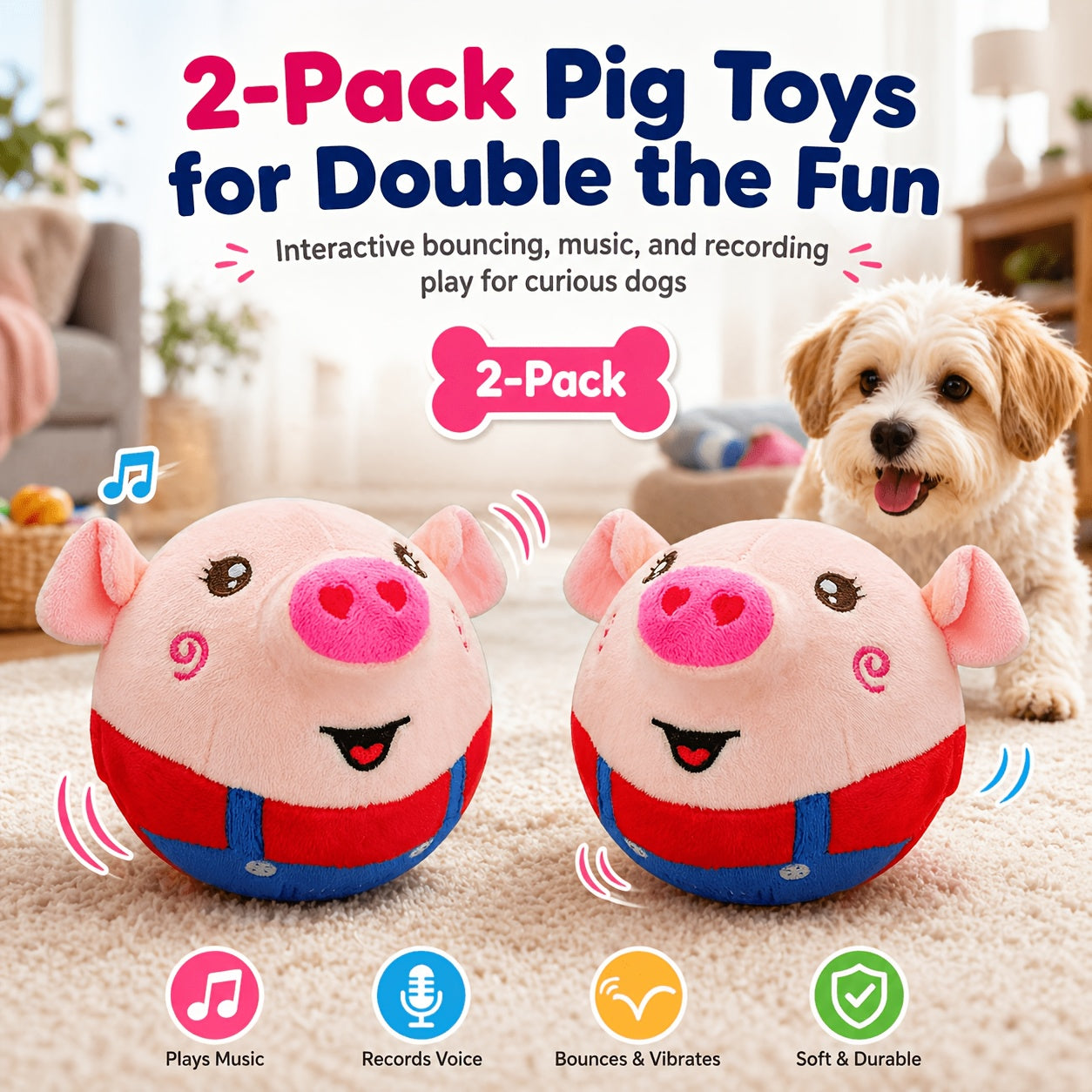Rolling Bouncing Dog Toy with Motion Sensor & Animal Sounds – USB Rechargeable, Recording Mode, Washable, for Puppies & Small Dogs, Single or 2-Pack