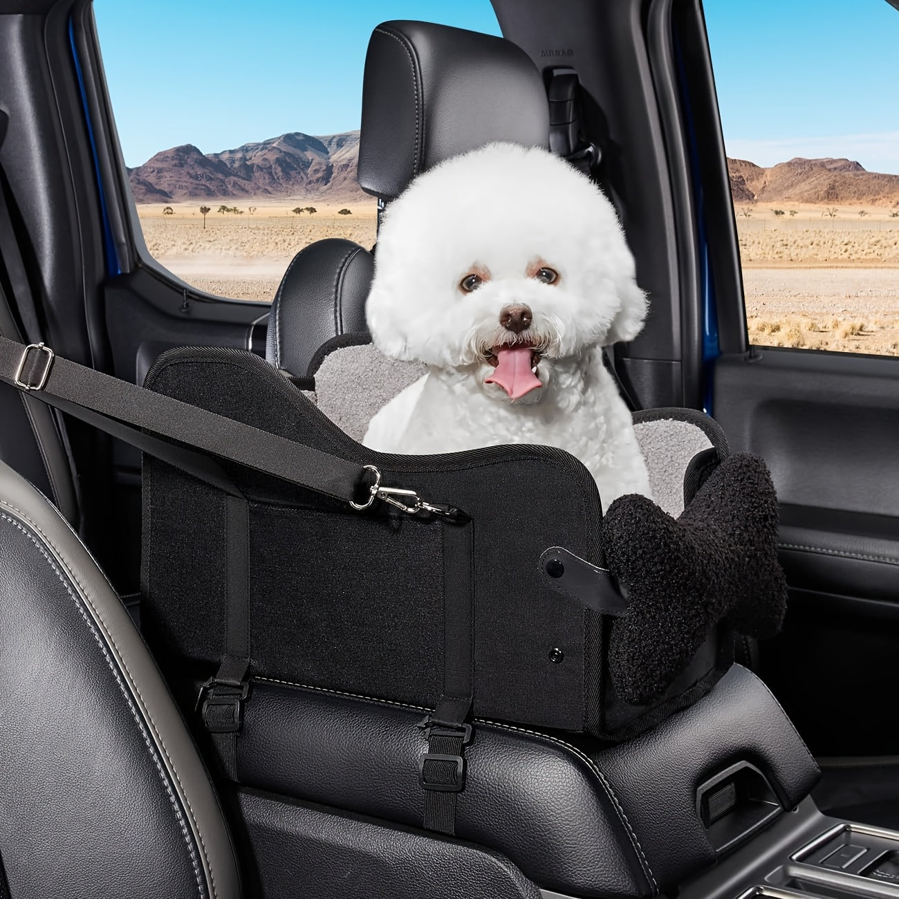 Center Console Dog Car Seat Booster – Portable Cozy Pet Car Seat for Small Dogs & Cats with Breathable Mesh Safety Harness Soft Padding, Universal Armrest Fit