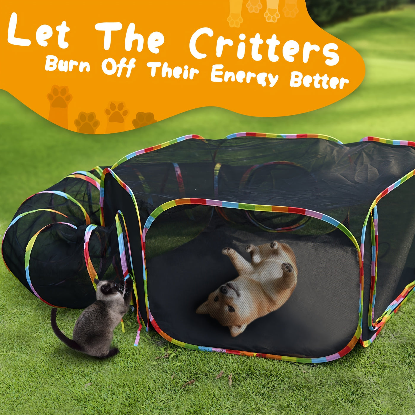 Outdoor Cat Enclosure Portable Catio with Play Tunnel - Cat Tent Playpen for Indoor Cats Outside, Enclosed Cat Run Cage-Free Cat Yard for Small Animals