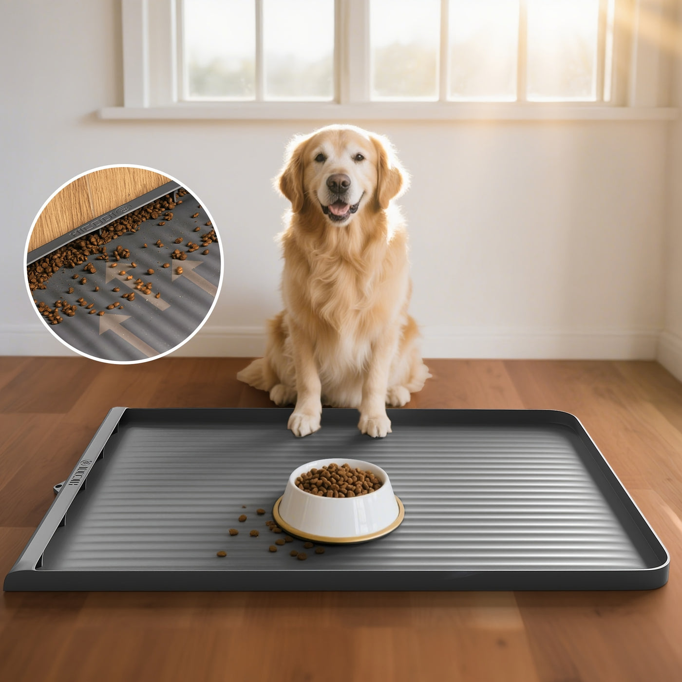 Large Waterproof Pet Feeding Mat 36x24 Non-Slip Dog Bowl Mat with Raised Edges & Diversion Grooves for Dogs & Cats