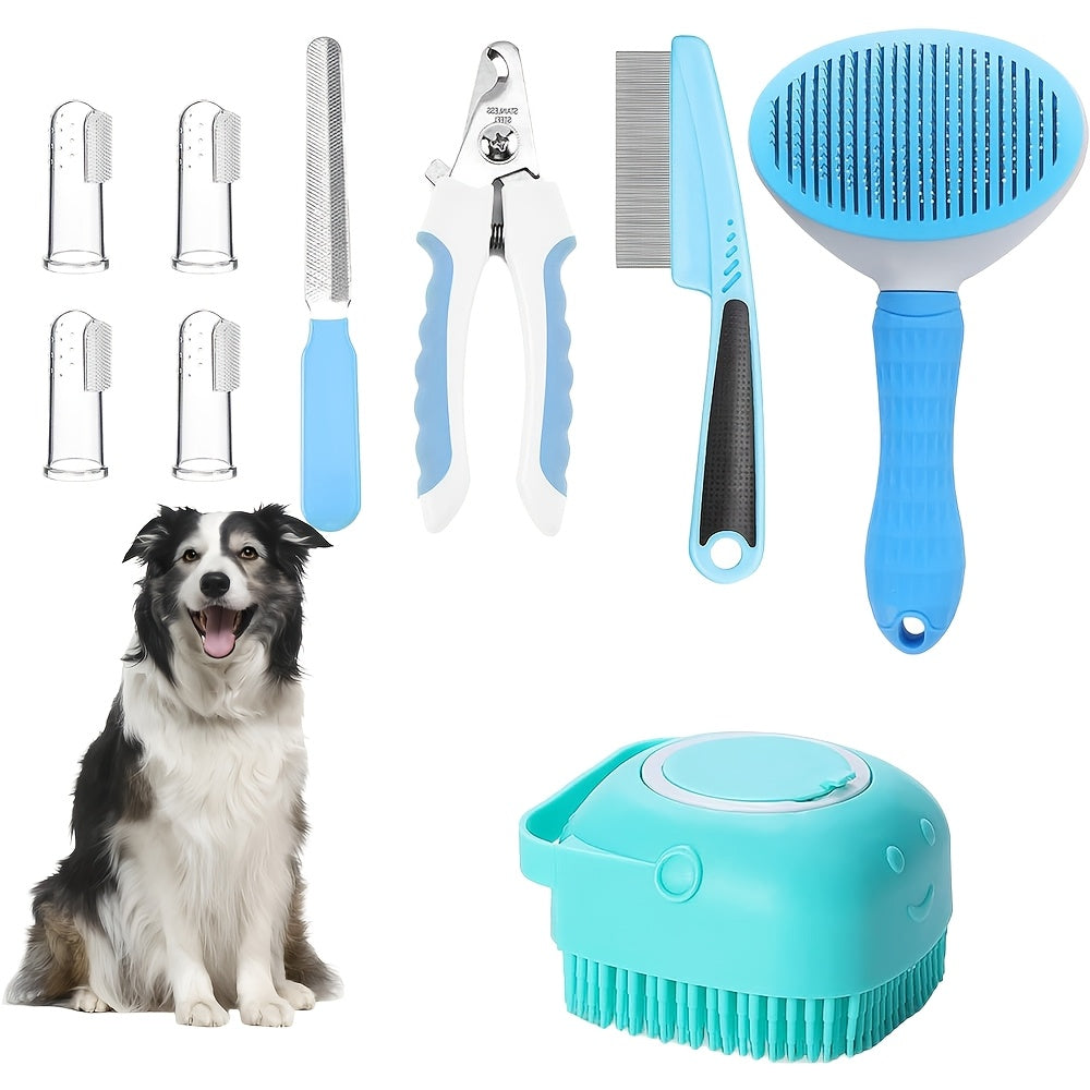 7-in-1 Pet Grooming Kit for Dogs & Cats – Self-Cleaning Slicker Brush, Nail Clippers, Shampoo Bath Brush, Dental Care Set for Puppies & Cats | Pink & Blue, 9pcs