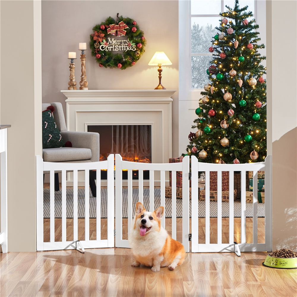 Freestanding Wooden Dog Gate Foldable Pet Fence with Door – 24" Tall Indoor Pet Barrier for Doorway Stairs, 3 or 4 Panels, White, Small Dogs