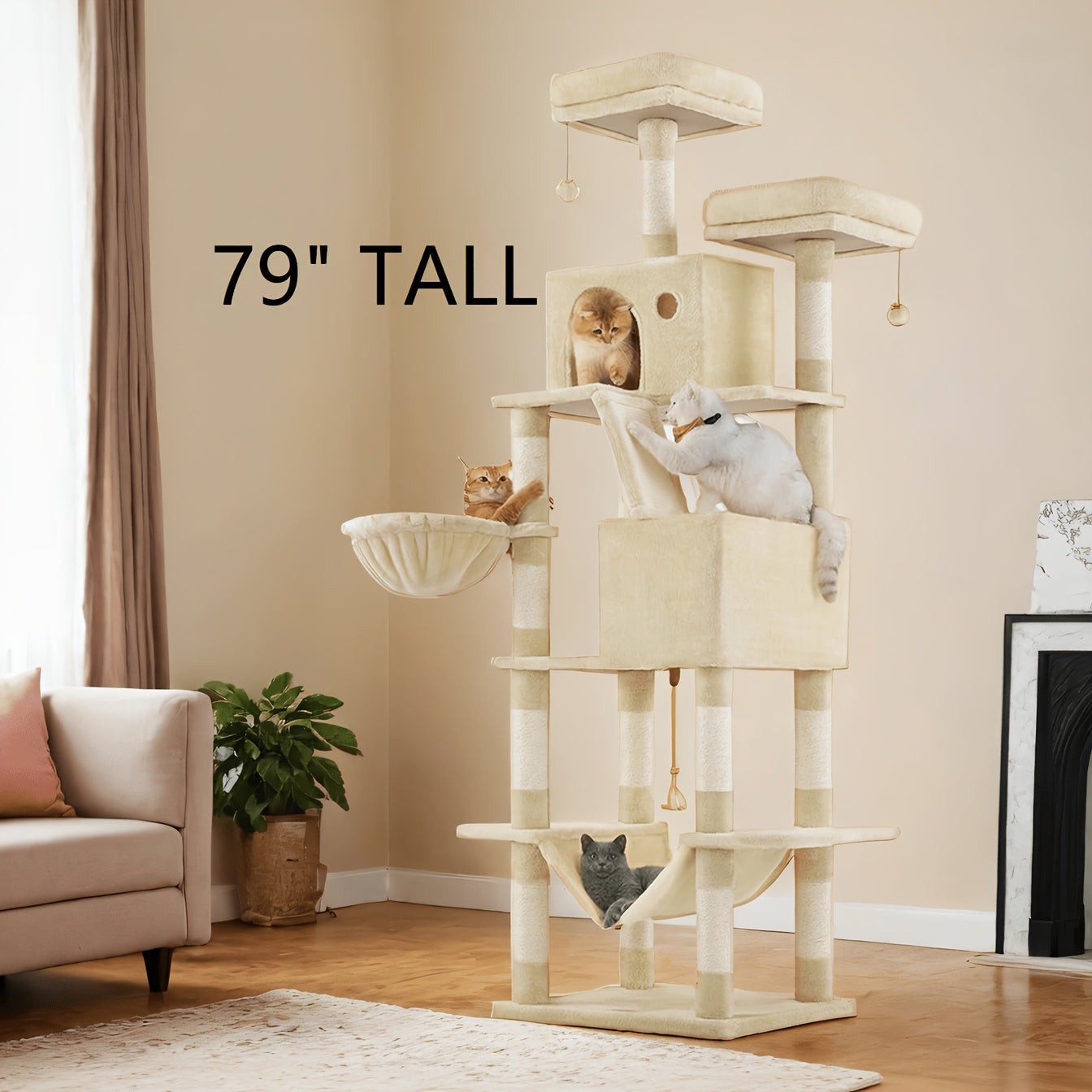 Multi-Level Cat Tree Tower with Cave & Plush Hammock - 44/66/79in Tall Cat Condo, 4 Sisal Scratching Posts, 2 Perches, Anti-Tilt, Pompom Toys for Multi-Cat Families, 5 Colors