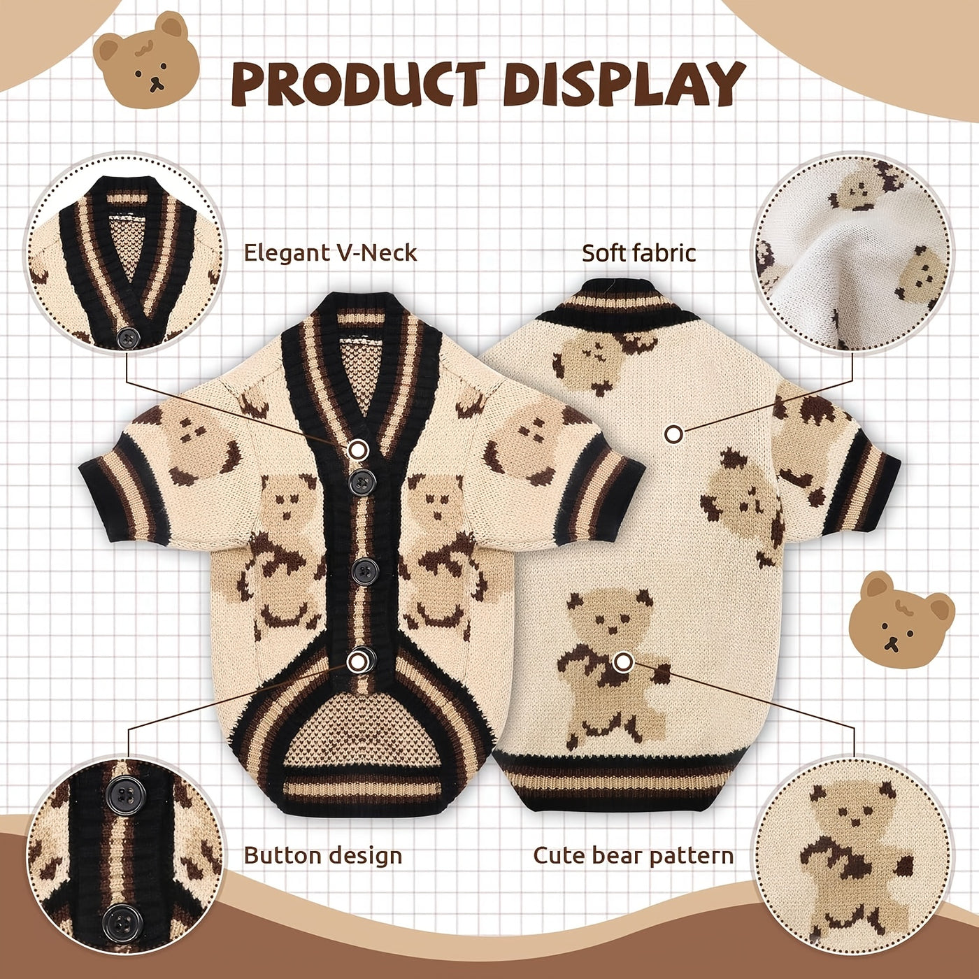 Dog Cardigan Sweater Bear Print with Button Closure – Warm Knitted Fleece-Lined Puppy Shirt, Adjustable Collar, Elastic & Embroidered, Small Breeds Bichon Teddy Schnauzer, Spring Summer