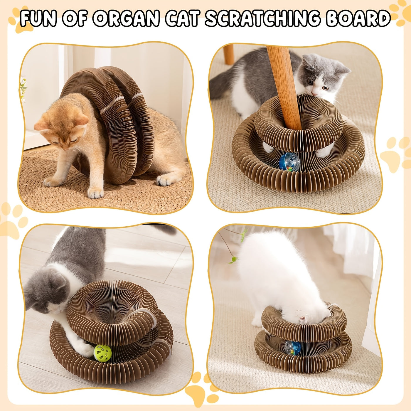 Magic Organ Cat Scratching Board with Ball Track & Bells – Foldable Cardboard Interactive Cat Scratcher Toy, 1 or 2 Pack