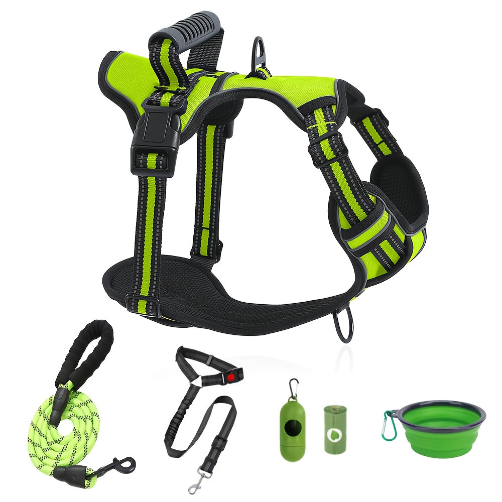 6-in-1 No-Pull Dog Harness & Leash Set Adjustable Reflective - Oxford Vest with 2 Leash Clips & Control Handle for Small Medium Large Dogs XS-XL, No Choke, Black Green Blue Purple Red