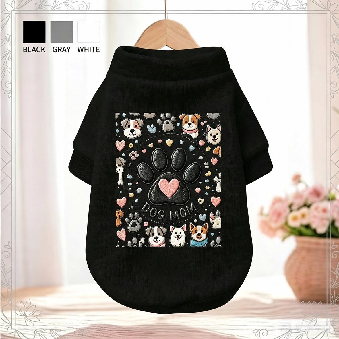 Dog Mom Paw Print Sweatshirt – Heart Embroidery Graphic Soft Warm Pullover for Small Dogs, Yorkie, Teddy, Pomeranian | White & Black, M & L