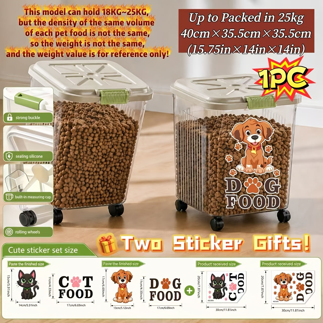 Airtight Pet Food Storage Container with Locking Lid & Scoop - Moisture-Proof Dog Cat Dry Food Bin 4.4 to 55 LB with Wheels