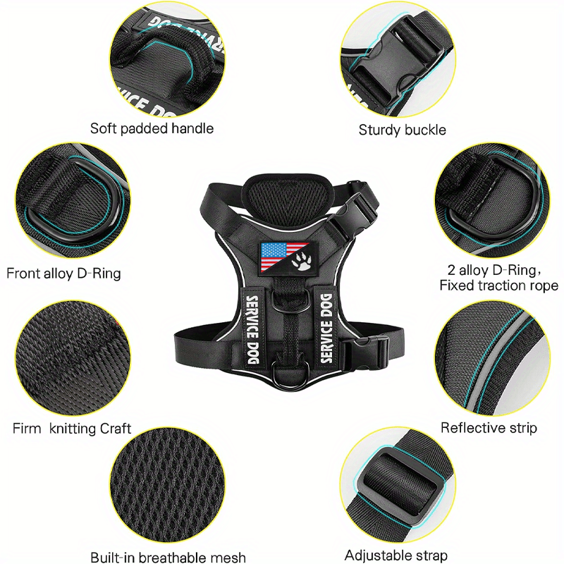 Reflective Dog Harness Set with 5 Interchangeable Patches - Adjustable Oxford Vest, Mesh Inner Layer, Front & Back Clip, Anti-Pull, XS to XL, 10 Color Options