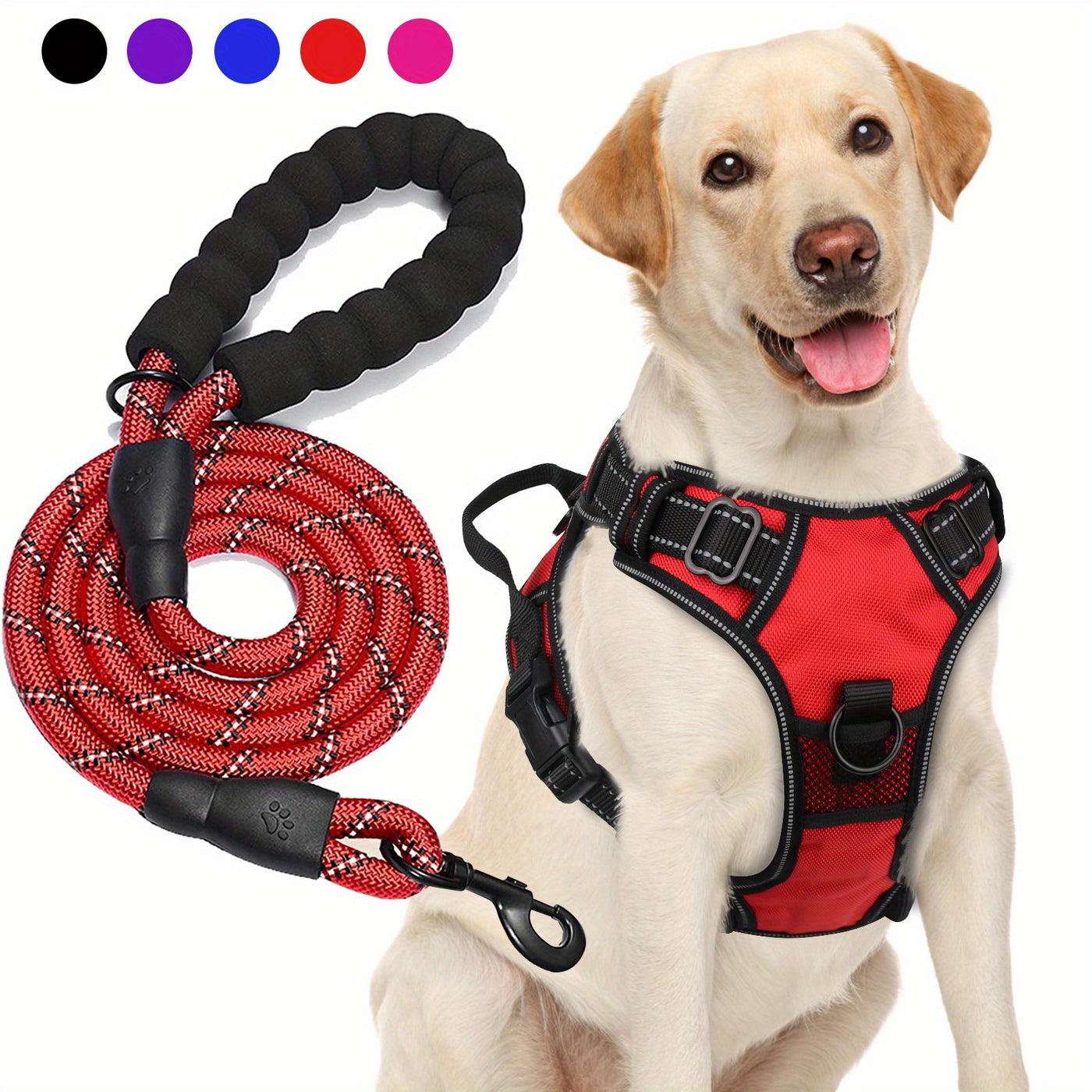 No-Pull Dog Harness & Free 5-Foot Leash Set - Adjustable Reflective Oxford Vest with Foam Handle, Easy Control for Medium Large Dogs S-XL, Black Purple Blue Red Rose Red