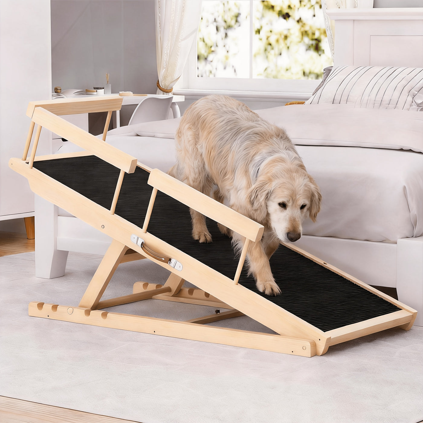 Wooden Dog Ramp for Bed & Couch – Foldable Adjustable Height Pet Ramp with Safety Guards, Holds 250 lbs, Dog Steps for Small Large Dogs & Seniors, Indoor Outdoor, 44 or 55 Inch