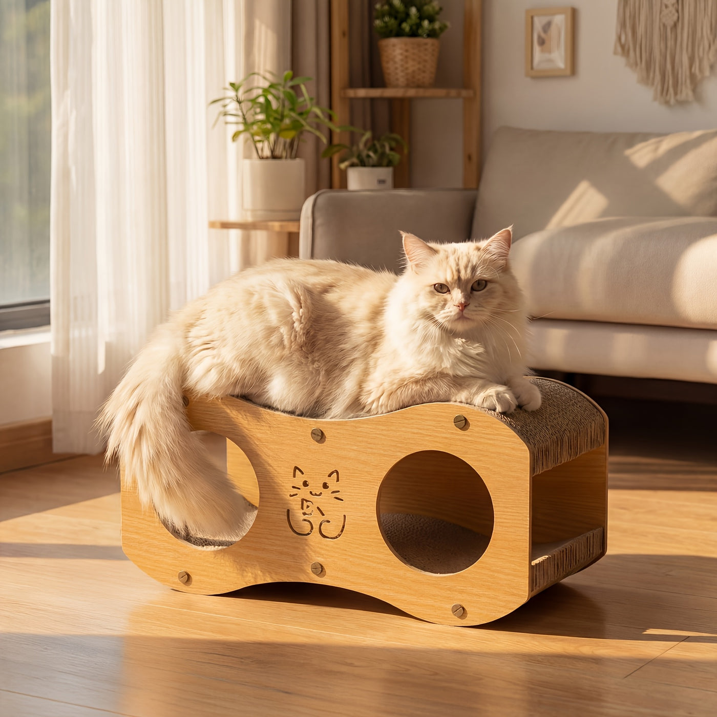 Cat Scratching Post with Integrated Woven Bed & Cat Toy - Sturdy Wood Base 4-Season Scratch Pad for Indoor Cats, Lounging & Play, Oak or Walnut Color
