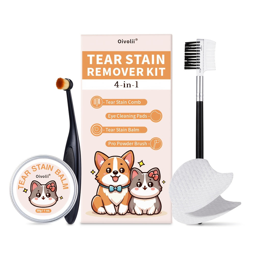 Dog Eye Tear Stain Remover Kit 4-in-1 – Brush, Cream, Wipes & Comb for Pet Eye Cleaning and Tear Duct Care