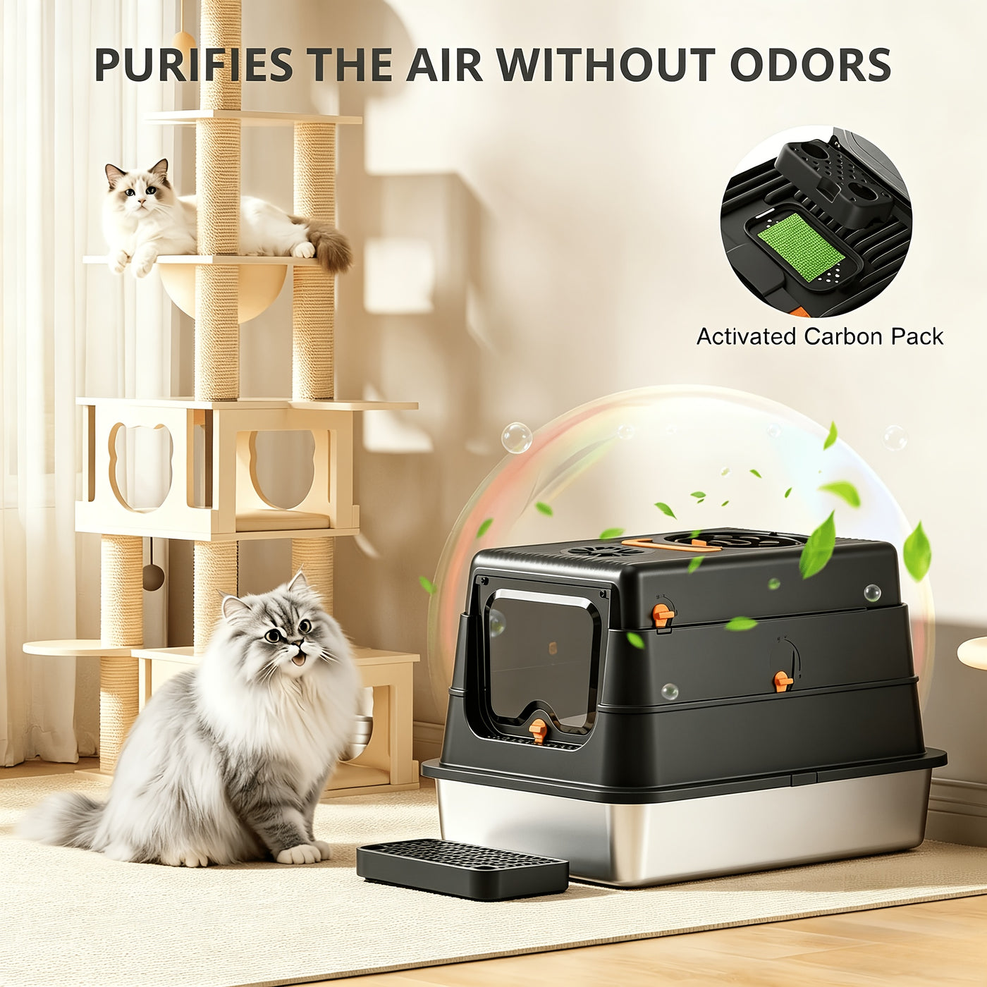 Stainless Steel Cat Litter Box XL Enclosed Odor-Proof with Scoop Step Pedal & Carbon Deodorizer for Large Cats
