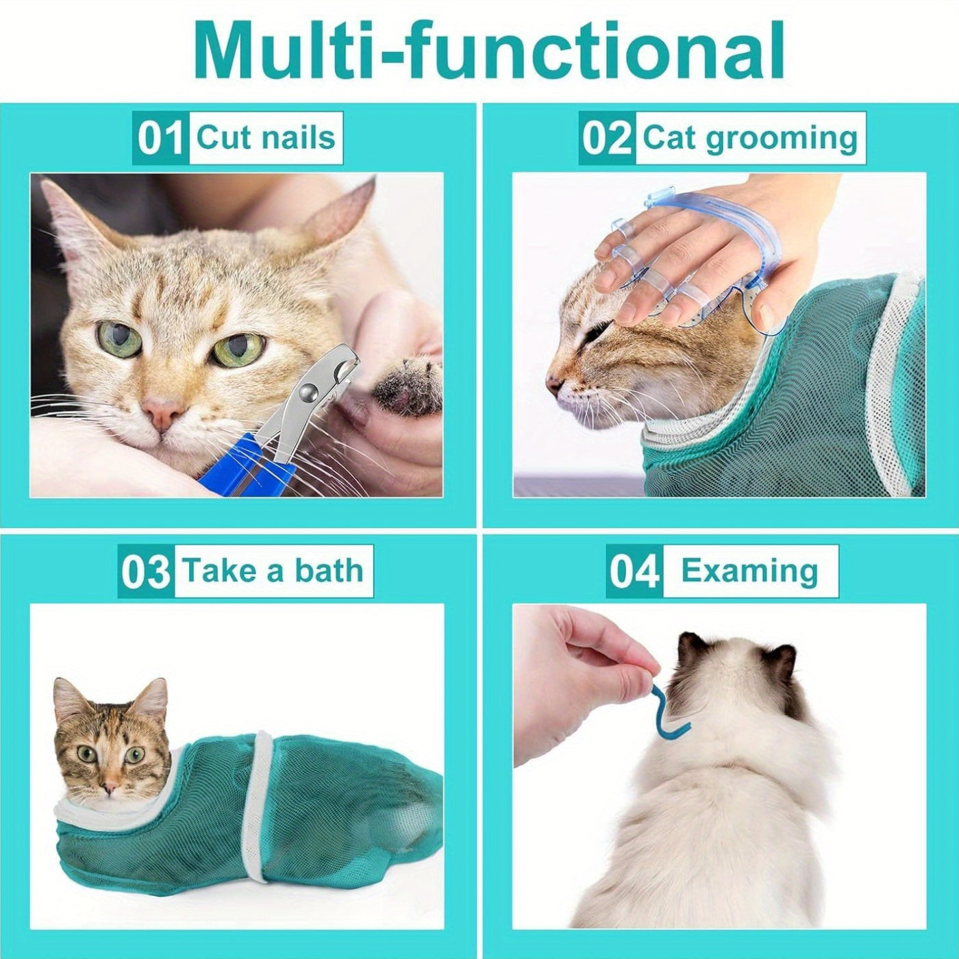 Cat Grooming Kit 5-Piece Set – Bathing Bag, Anti-Bite Muzzle, Nail Clippers, Tick Remover & Massage Brush, Complete Home Grooming Supplies for Safe Gentle Cat Care