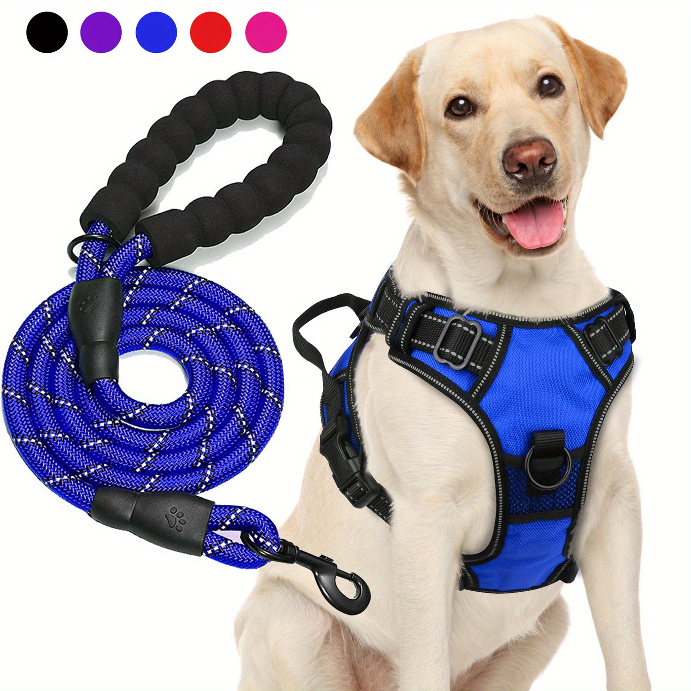 No-Pull Dog Harness & Free 5-Foot Leash Set - Adjustable Reflective Oxford Vest with Foam Handle, Easy Control for Medium Large Dogs S-XL, Black Purple Blue Red Rose Red